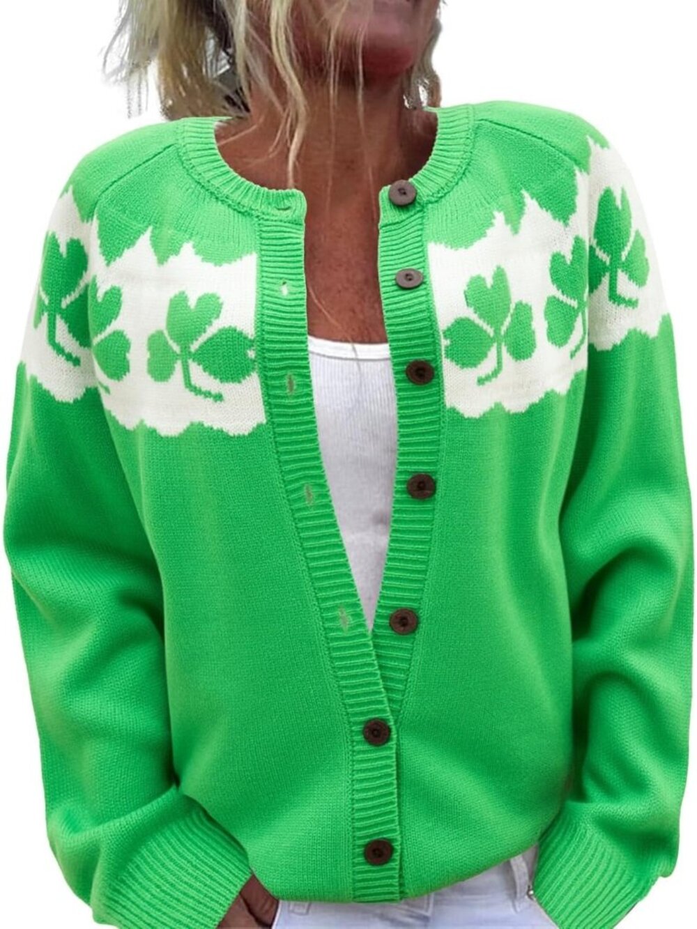 Women’s Green Shamrock Clover Fair Isle St Patrick Knit Cardigan Sweater